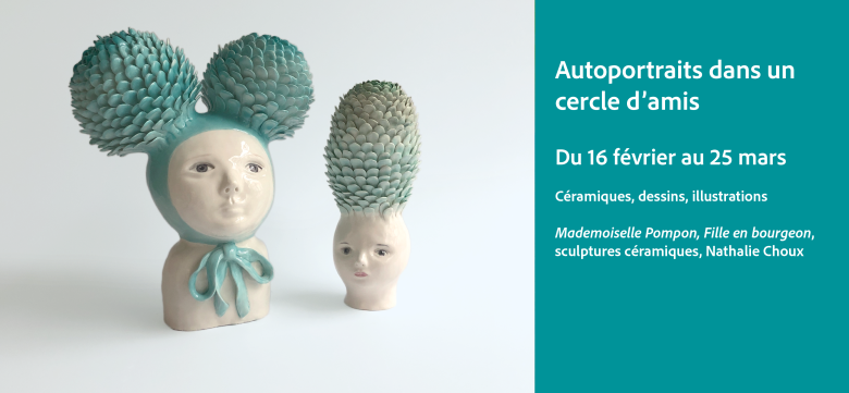 Visuel de l'exposition Autoportraits dans un cercle d'amis. Deux pièces en céramiques réalisées par l'artiste : intitulées Mademoiselle pompom et Fille en bourgeon